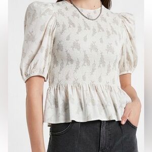 EXPRESS Floral Linen-Blend Smocked Puff Sleeve Peplum Top